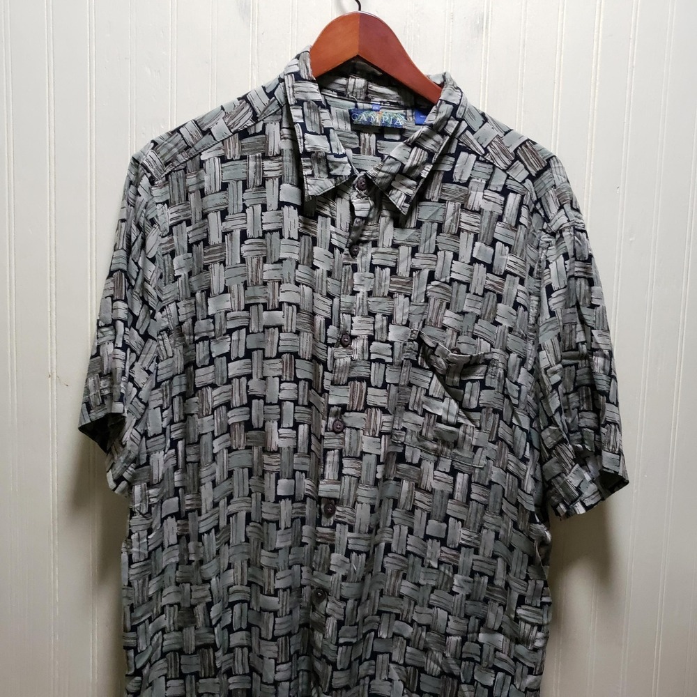 Campia Shirt Mens‎ 2XL Gray Geometric Short Sleeve 100% Rayon Button-Up Casual